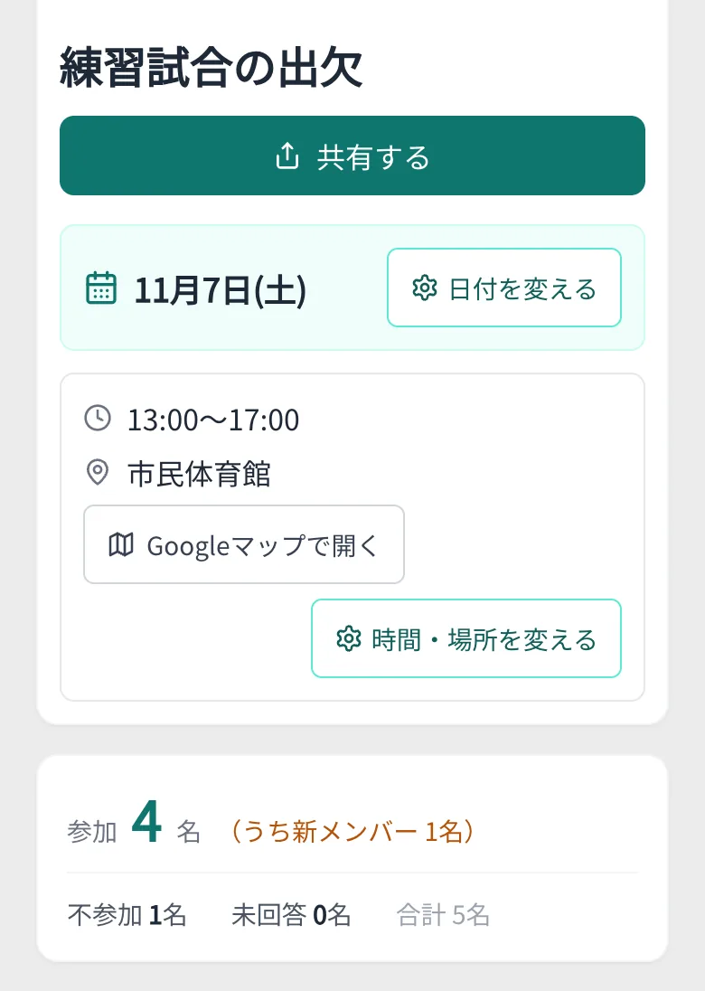シュッケツの画面。1日の参加・不参加と、時間と場所