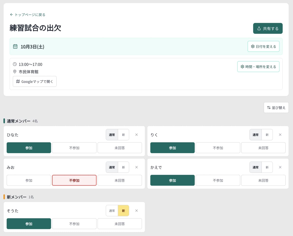 シュッケツの画面。1日の参加・不参加と、時間と場所